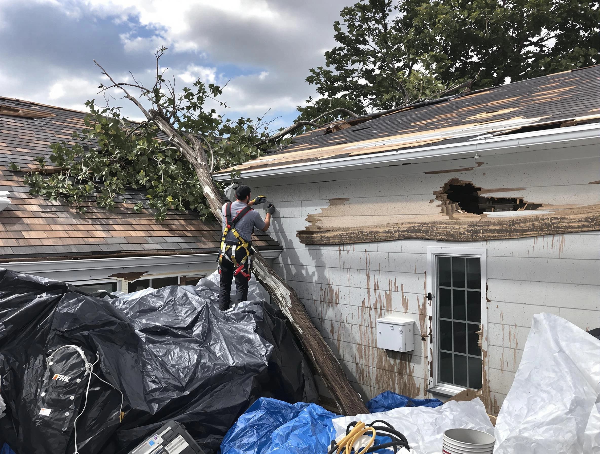 Akron Roofing Company technicians handling urgent roof damage in Akron, OH