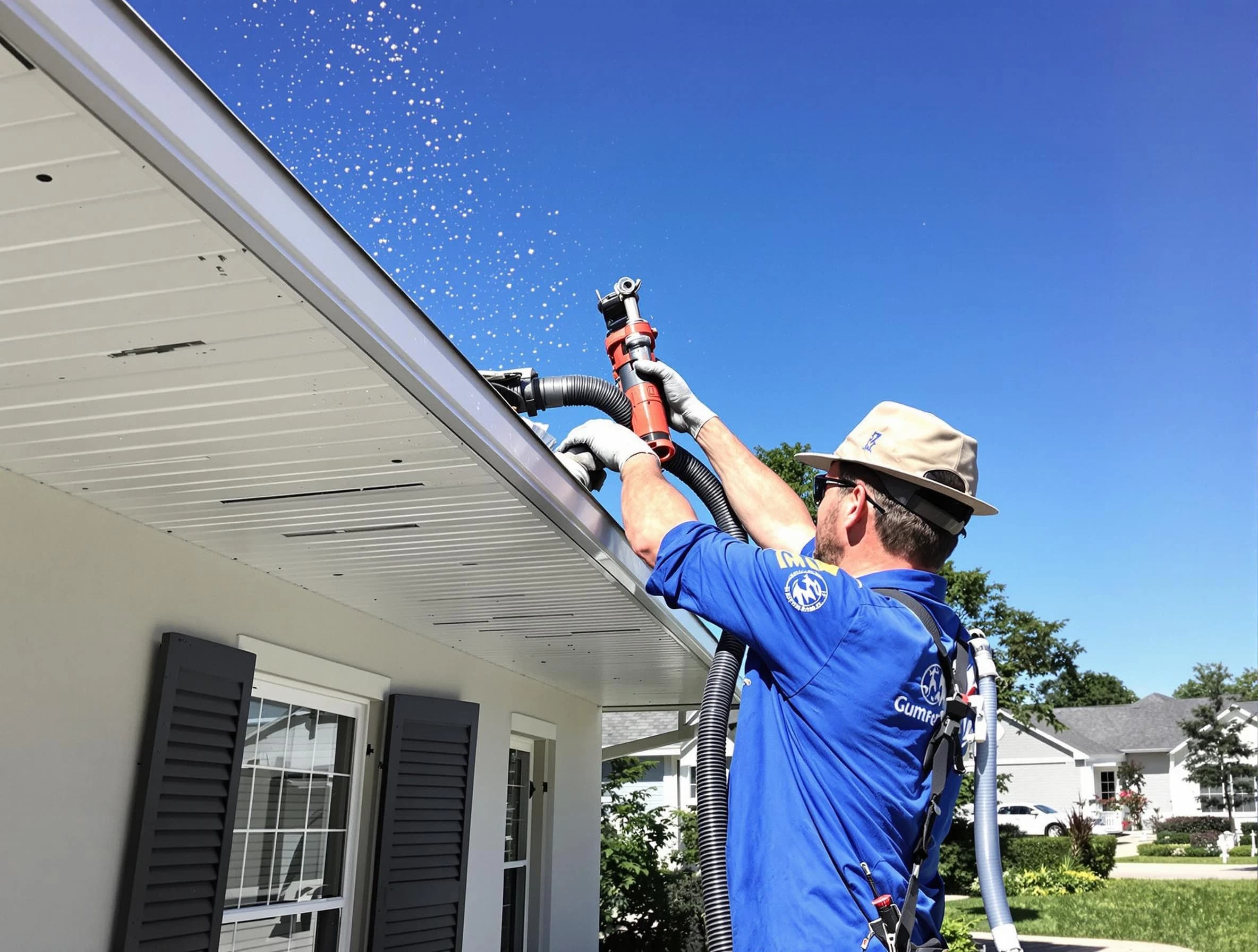 Technician completing a gutter cleaning project by Akron Roofing Company in Akron, OH