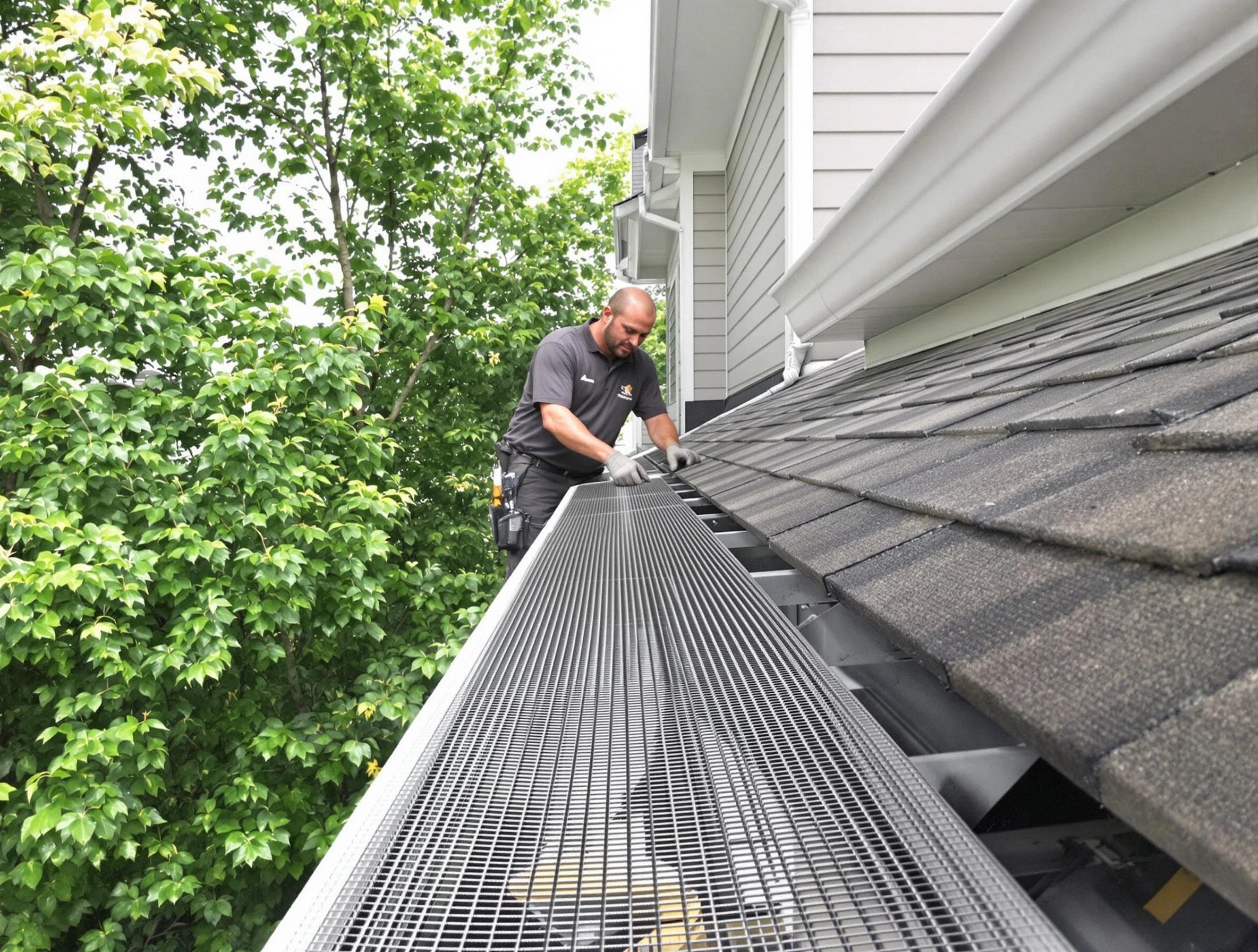 Close-up of gutter guards installed by Akron Roofing Company in Akron, OH