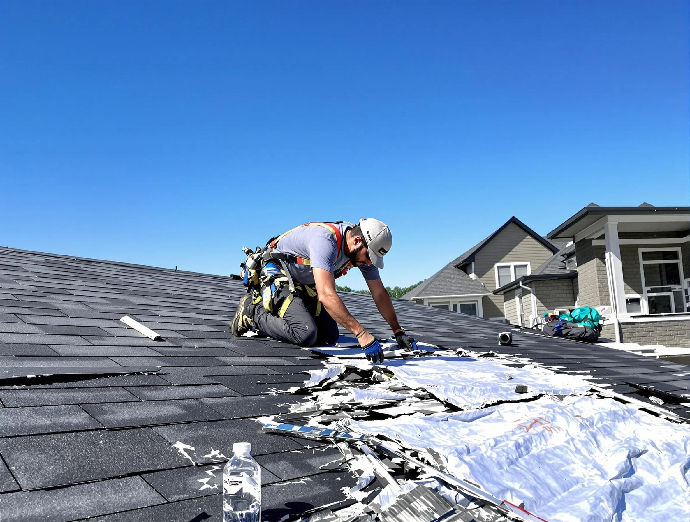 Akron Roofing Company repairing a roof section in Akron, OH