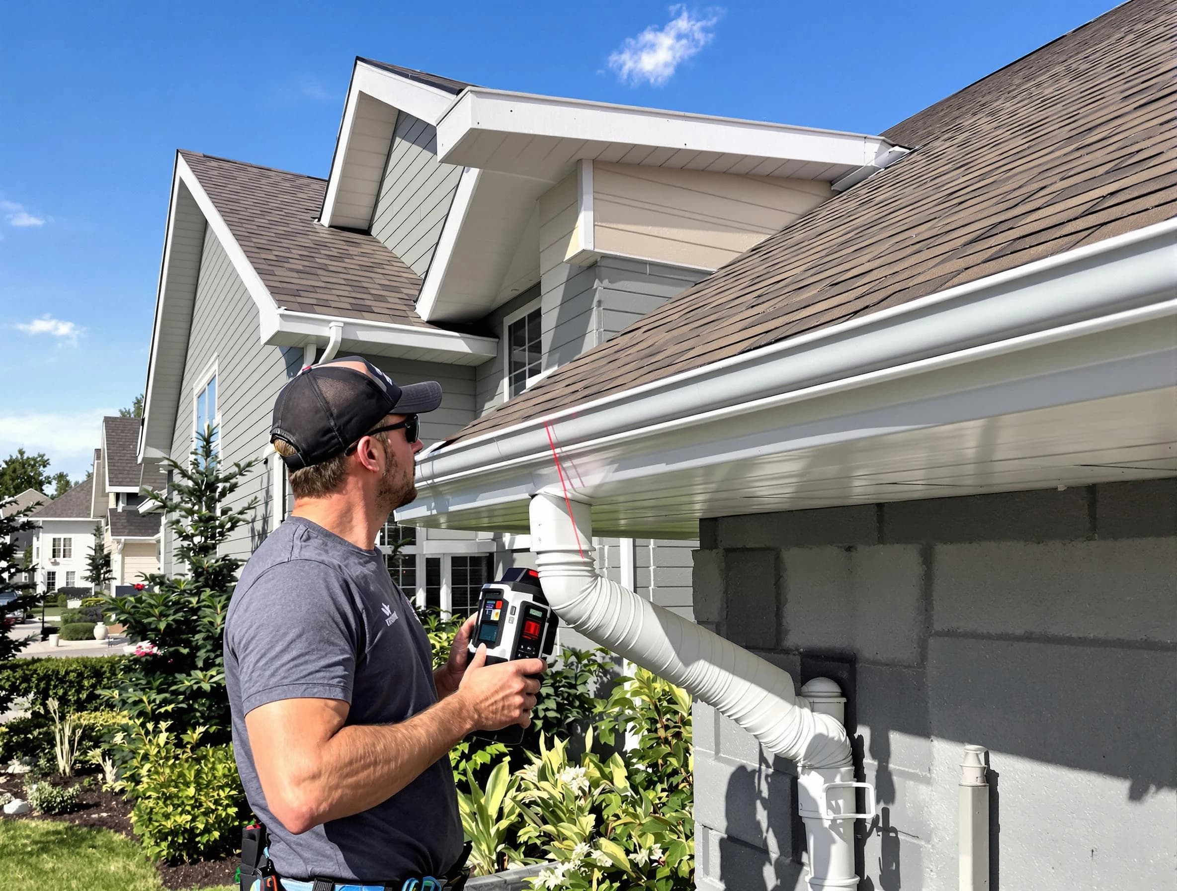 Akron Roofing Company installing seamless gutters in Akron, OH